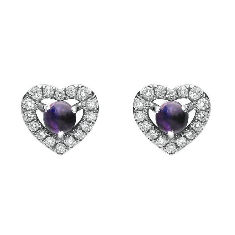 18ct White Gold Blue John and Diamond Heart Earrings - White Gold