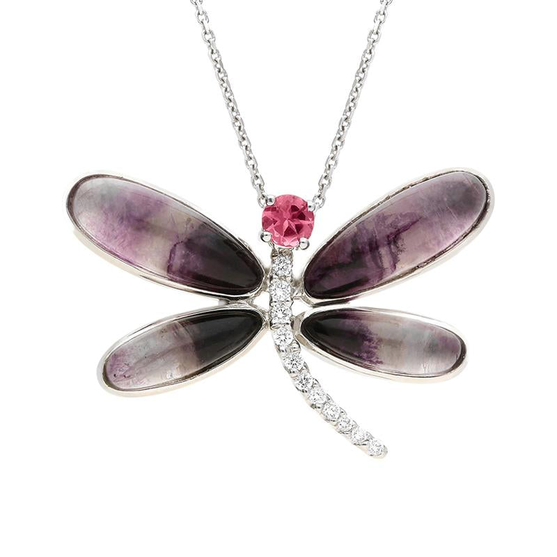 18ct White Gold Blue John Diamond and Rubellite Dragonfly Necklace - White Gold