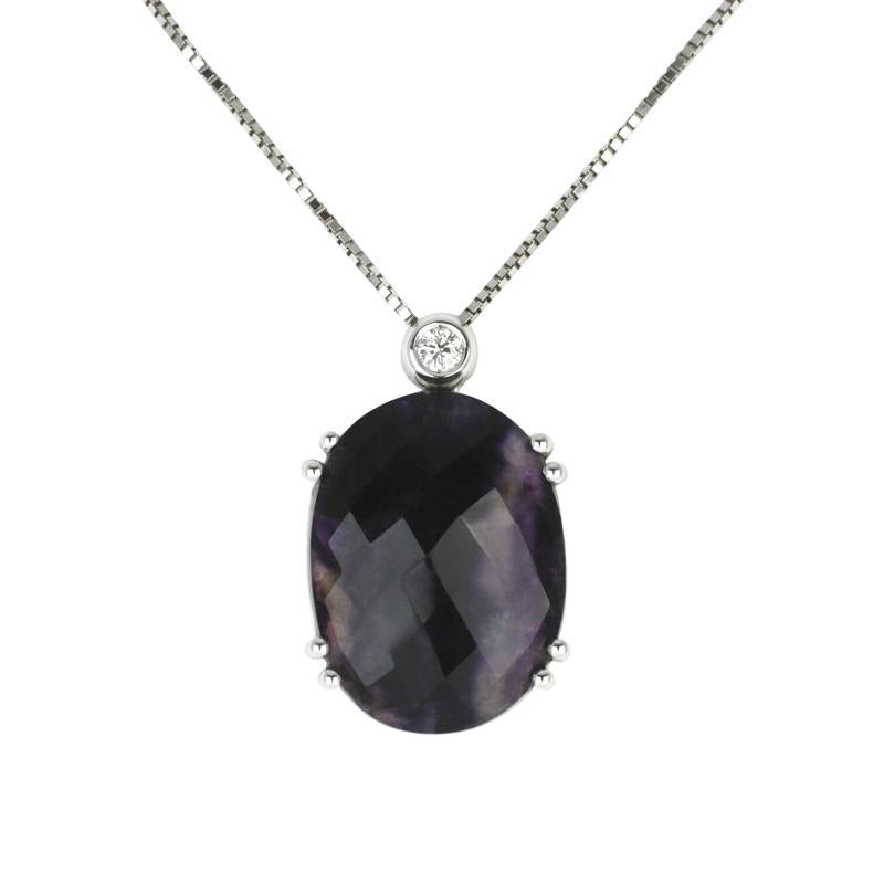18ct White Gold Blue John Oval 0.08 Carat Diamond Pendant Necklace - White Gold