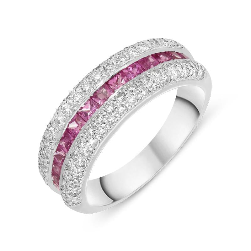 18ct White Gold Diamond Pink Sapphire Three Row Ring - White Gold