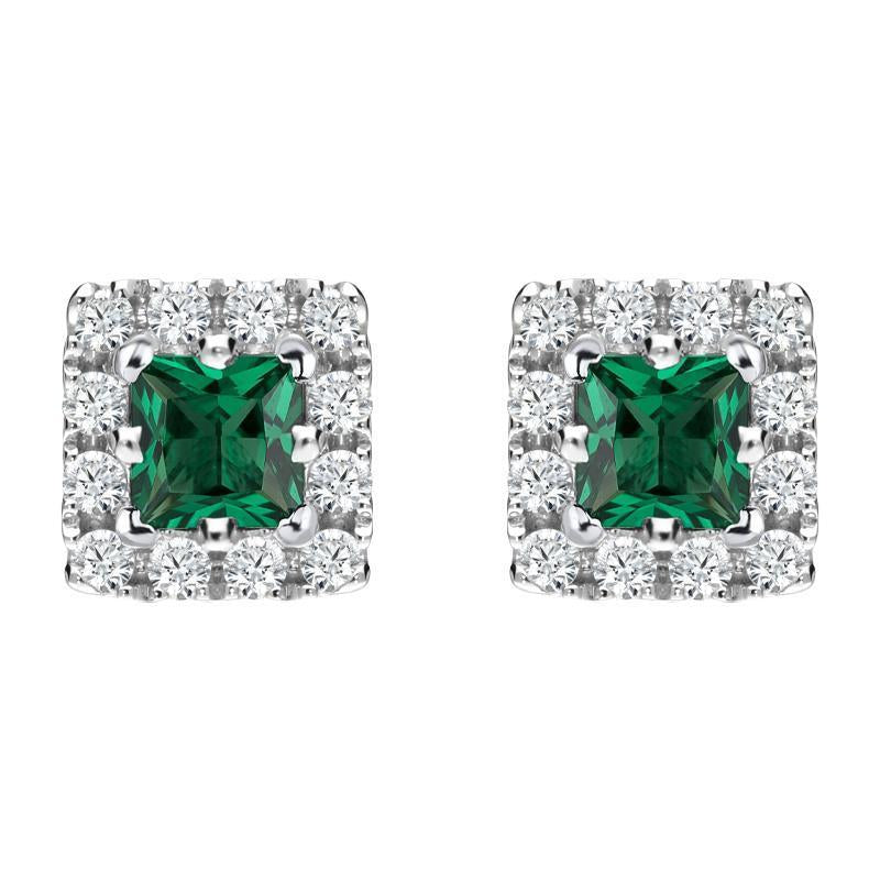 18ct White Gold Emerald Diamond Princess Cut Cluster Stud Earrings