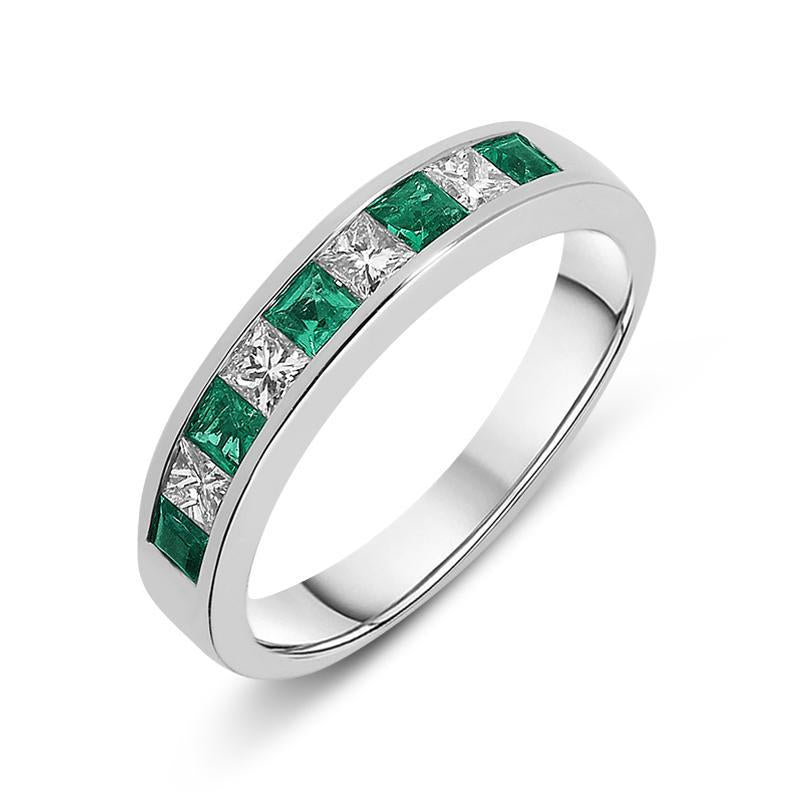 18ct White Gold Emerald Diamond Princess Cut Half Eternity Ring - Option1 Value White Gold