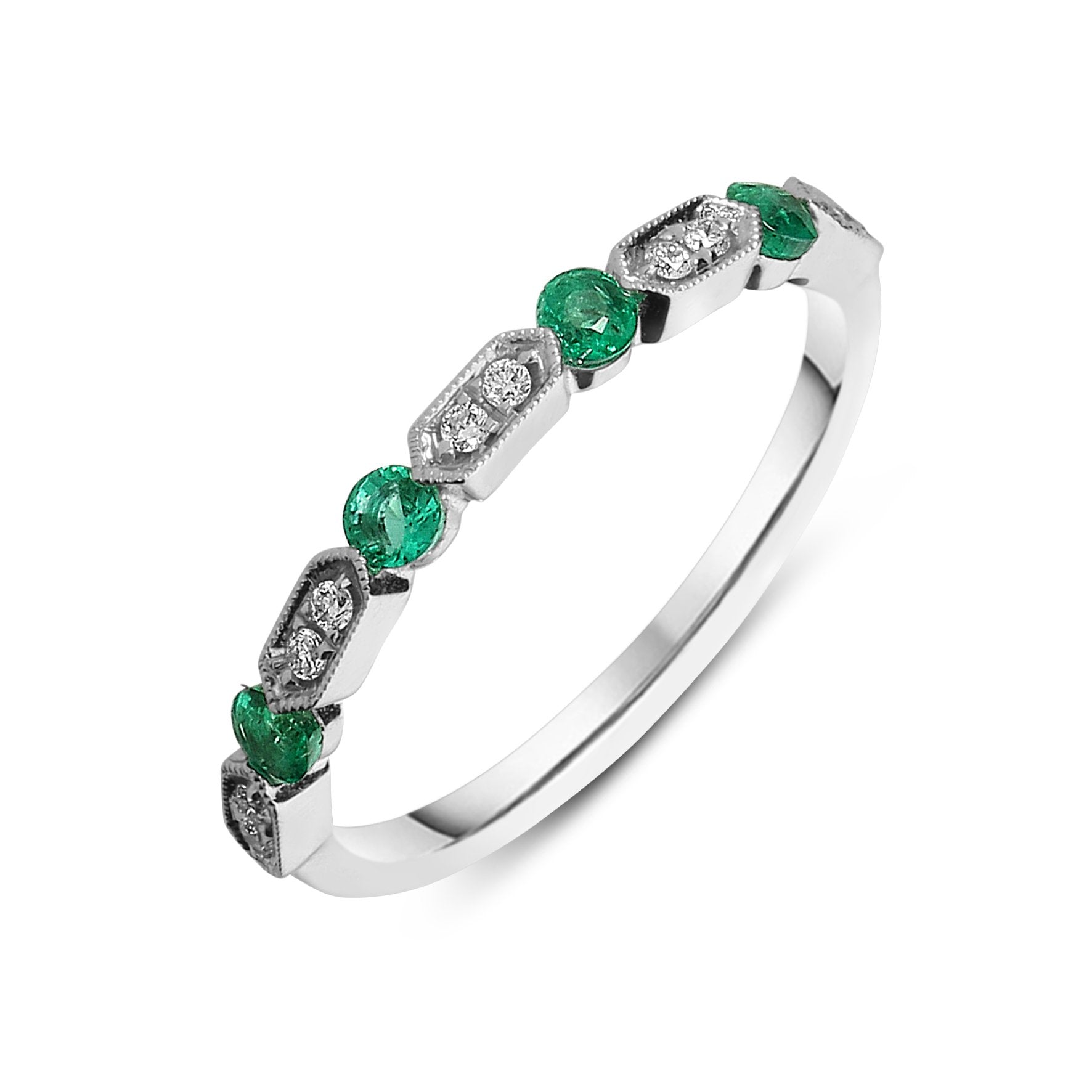 18ct White Gold Emerald Diamond Vintage Style Half Eternity Ring - Option1 Value White Gold