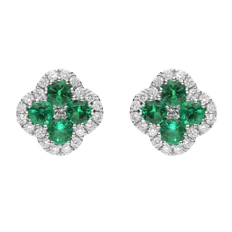 18ct White Gold Emerald and Diamond Clover Stud Earrings