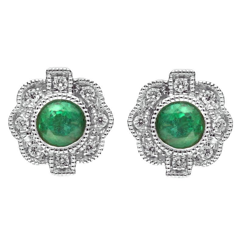 18ct White Gold Emerald and Diamond Flower Stud Earrings