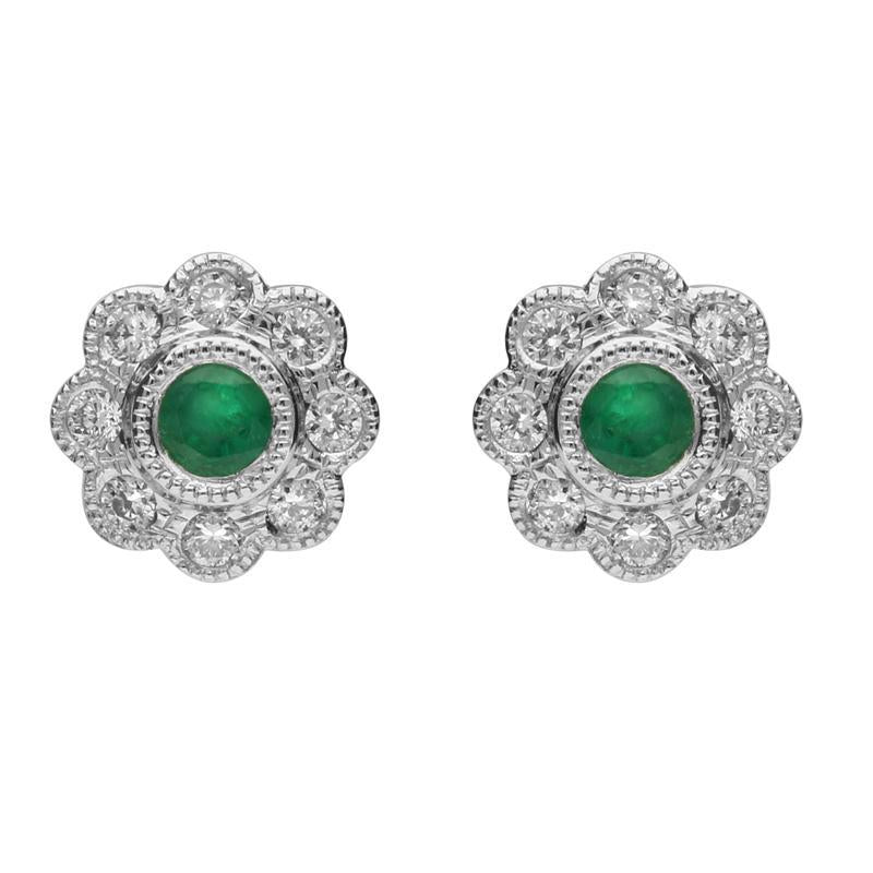 18ct White Gold Emerald and Diamond Round Flower Stud Earrings