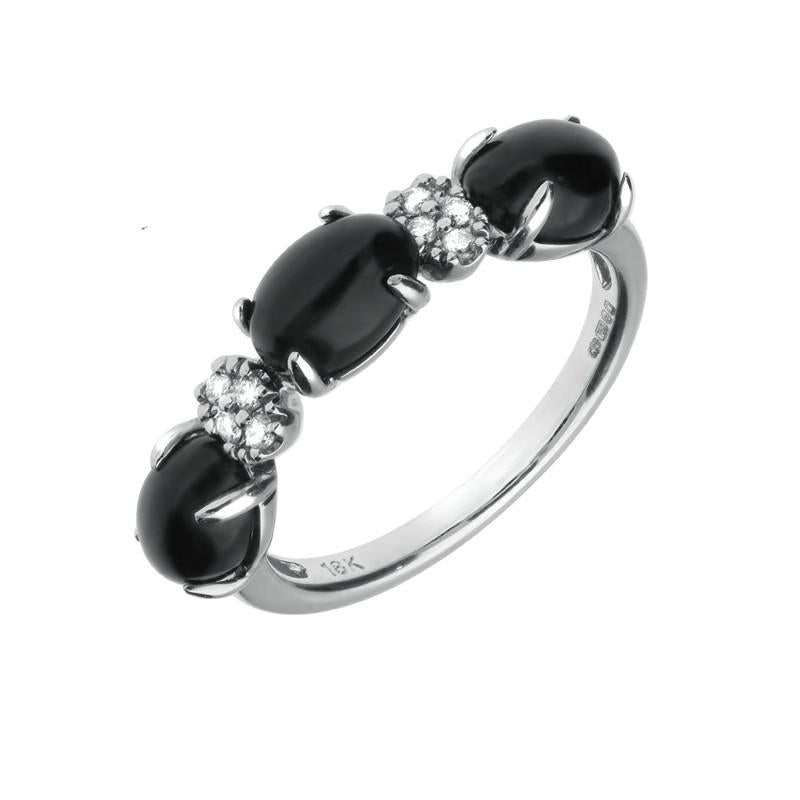 18ct White Gold Whitby Jet 0.08ct Diamond 3 Stone Oval Ring D - L
