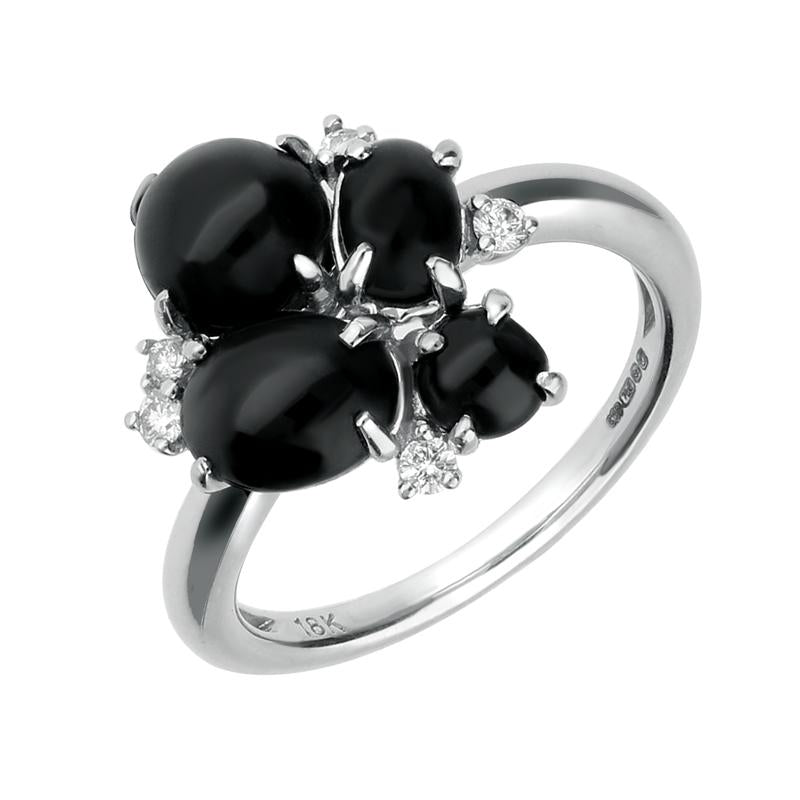 18ct White Gold Whitby Jet 0.09ct Diamond 4 Stone Cluster Ring - R