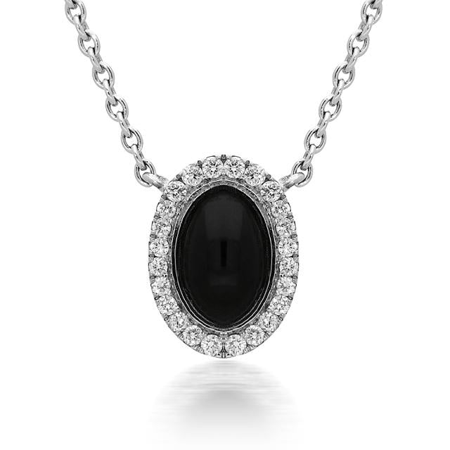 18ct White Gold Whitby Jet 0.10ct Diamond Oval Cluster Necklace - White Gold