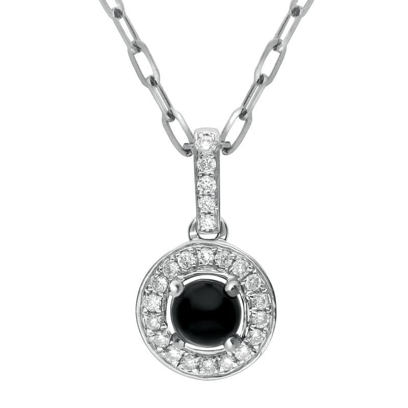 18ct White Gold Whitby Jet 0.10ct Diamond Pave Surround Necklace