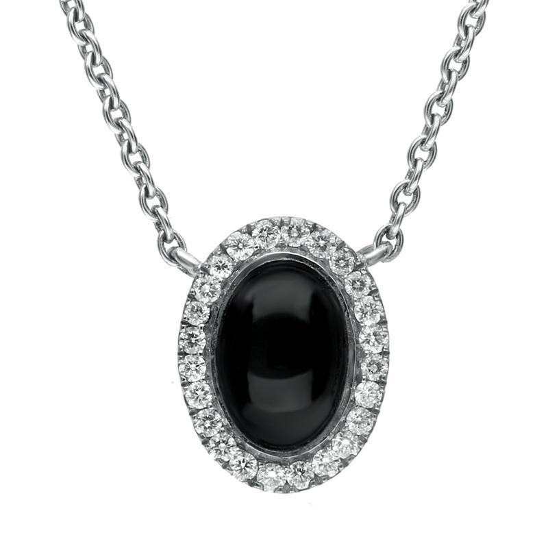 18ct White Gold Whitby Jet 0.10cts Diamond Oval Cluster Necklace - White Gold