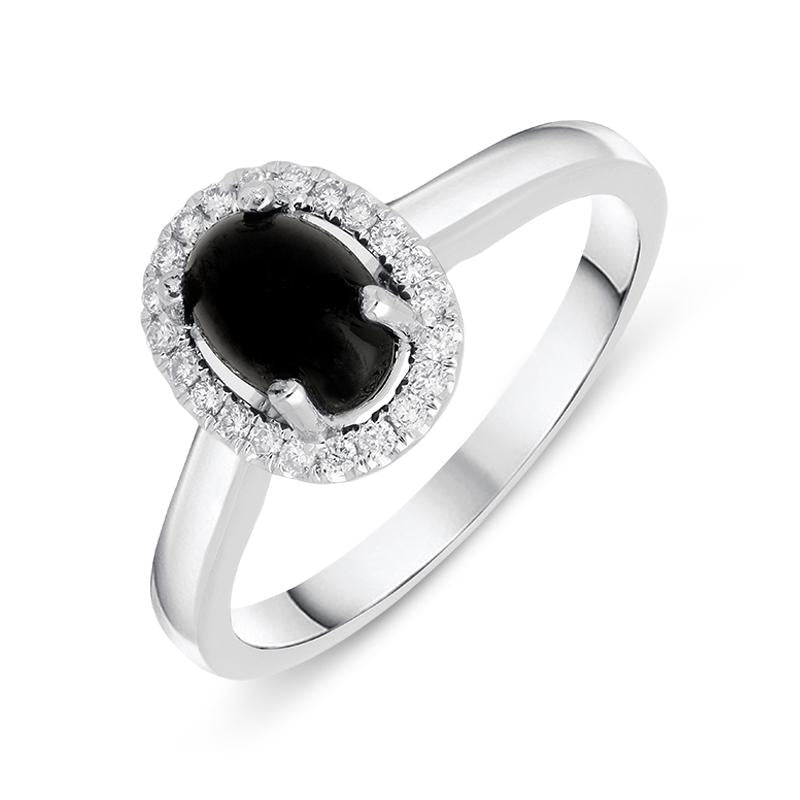 18ct White Gold Whitby Jet 0.12ct Diamond Oval Cluster Ring - Option1 Value White Gold