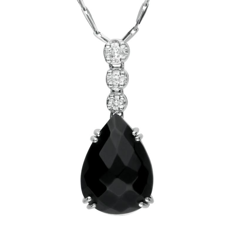 18ct White Gold Whitby Jet 0.14ct Diamond Faceted Pear Necklace D - White Gold