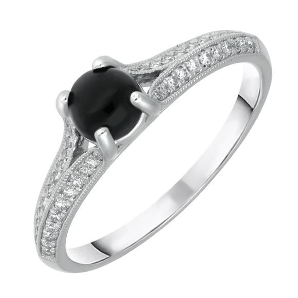 18ct White Gold Whitby Jet 0.15ct Diamond Claw Set Centre Ring