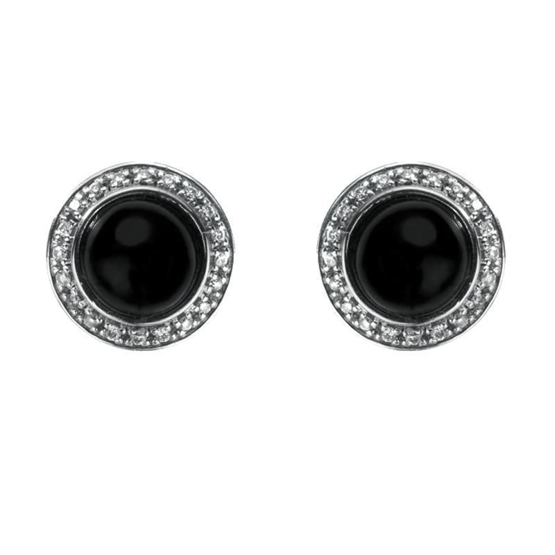 18ct White Gold Whitby Jet 0.15ct Diamond Round Pave Stud Earrings - White Gold