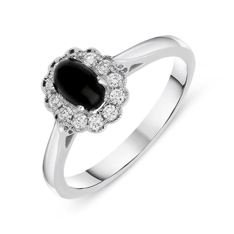 18ct White Gold Whitby Jet 0.16ct Diamond Milgrain Cluster Ring