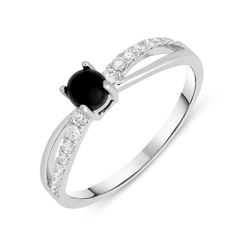 18ct White Gold Whitby Jet 0.16ct Diamond Split Shoulder Ring