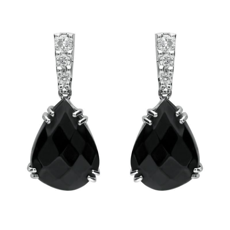 18ct White Gold Whitby Jet 0.19ct Diamond Faceted Pear Drop Earrings - White Gold