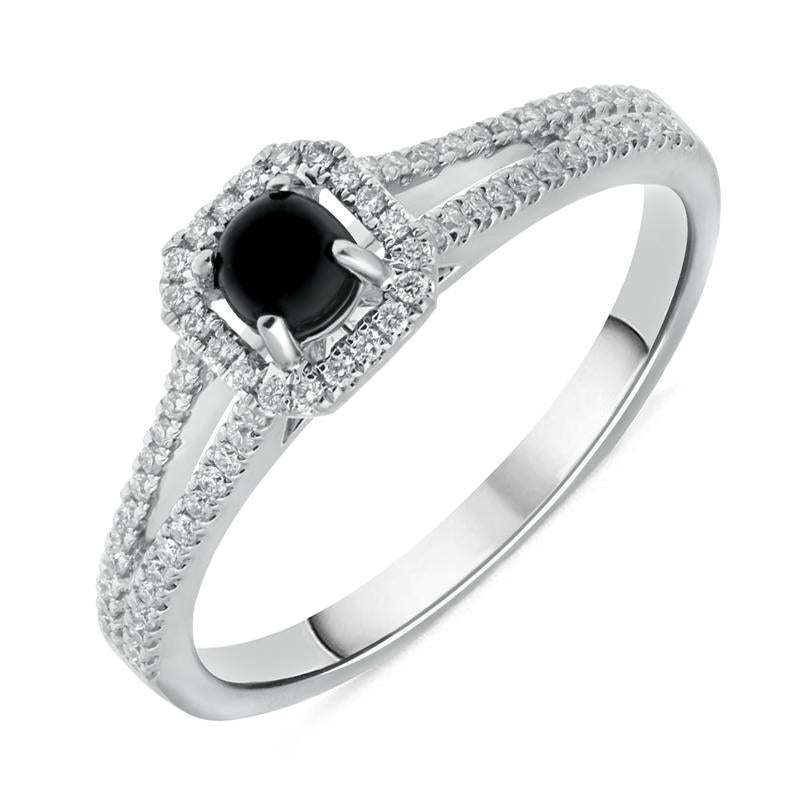 18ct White Gold Whitby Jet 0.21ct Diamond Cushion Split Shank Ring - White Gold