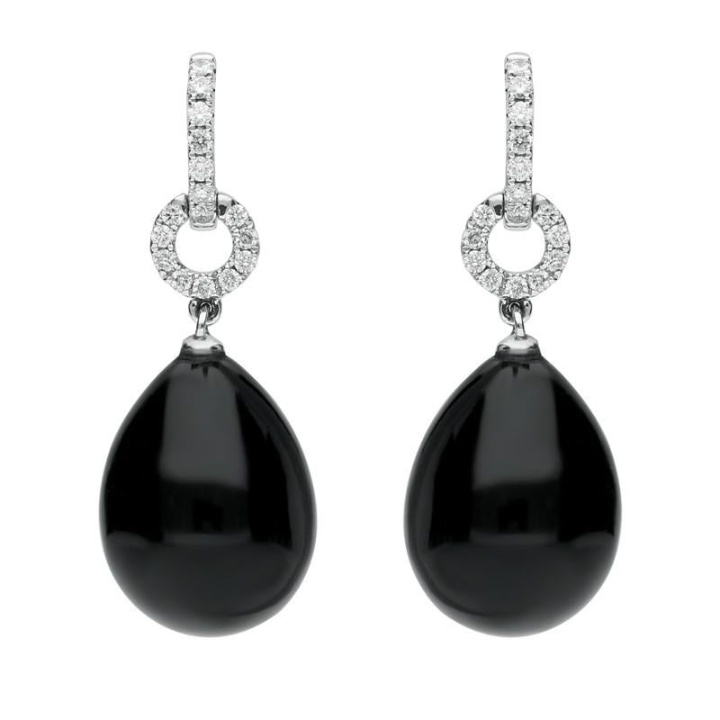 18ct White Gold Whitby Jet 0.22ct Diamond Round Drop Earrings - White Gold