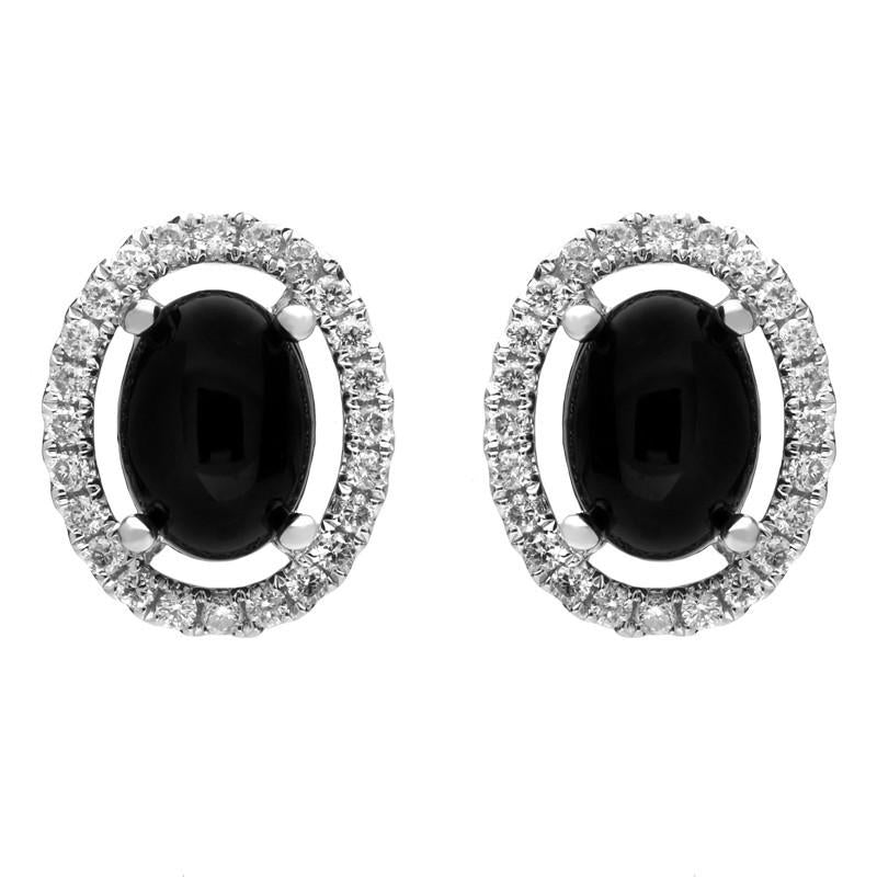 18ct White Gold Whitby Jet 0.26ct Diamond Oval Stone Stud Earrings - Option1 Value White Gold
