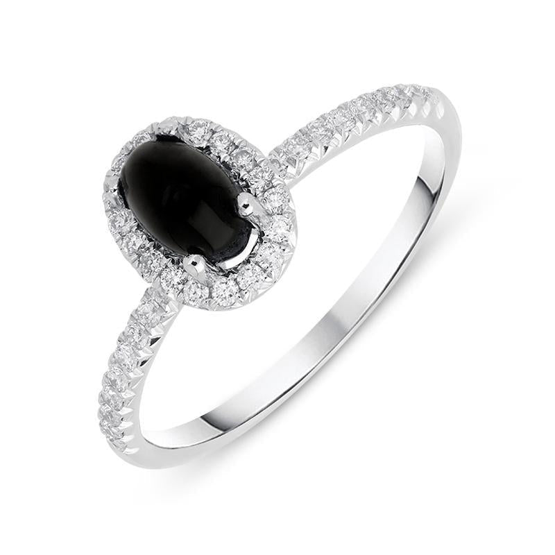 18ct White Gold Whitby Jet 0.27ct Diamond Oval Cluster Ring - R