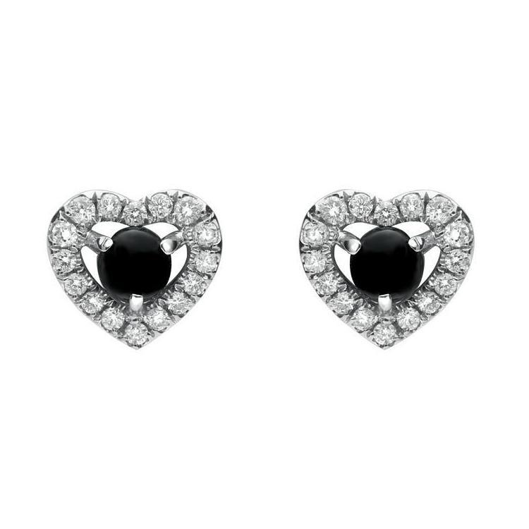 18ct White Gold Whitby Jet 0.33ct Diamond Heart Earrings - White Gold