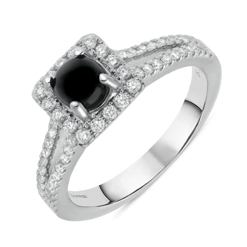18ct White Gold Whitby Jet 0.38ct Diamond Cushion Split Shank Ring - W