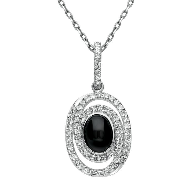 18ct White Gold Whitby Jet 0.38ct Diamond Oval Spiral Design Necklace - White Gold