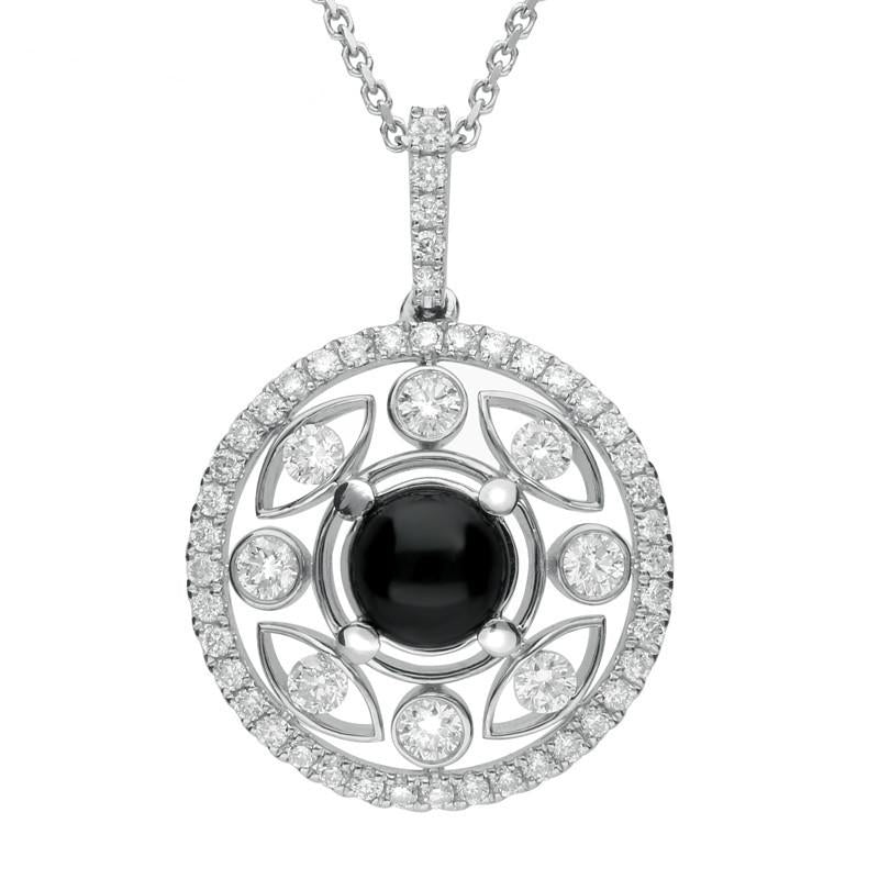 18ct White Gold Whitby Jet 0.60ct Diamond Surround Round Necklace