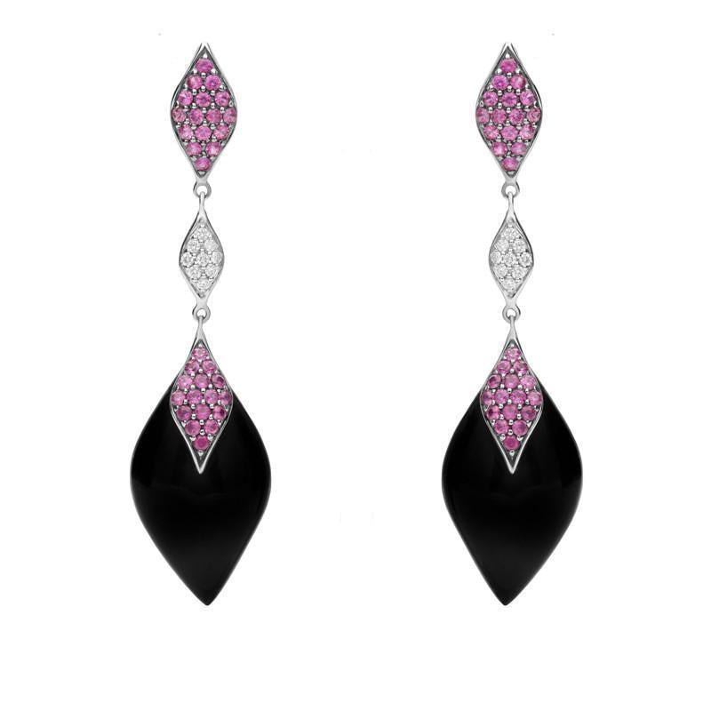 18ct White Gold Whitby Jet 1.20ct Pink Sapphire Diamond Earrings - Option1 Value White Gold