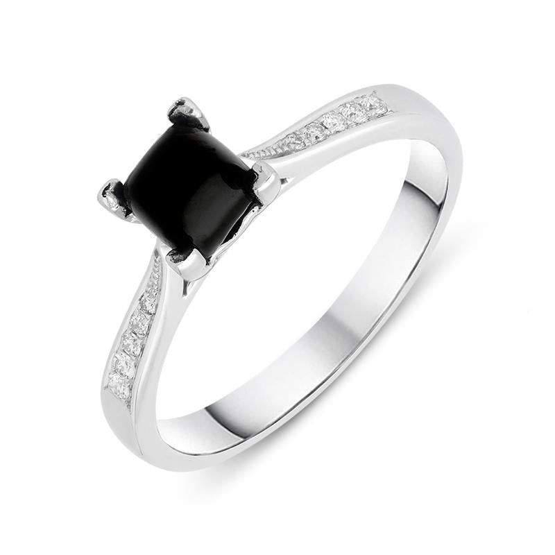18ct White Gold Whitby Jet Diamond Cushion Shaped Ring