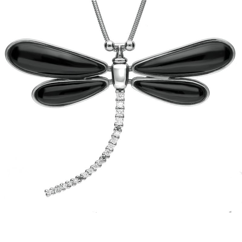 18ct White Gold Whitby Jet Diamond Dragonfly Necklace D - White Gold
