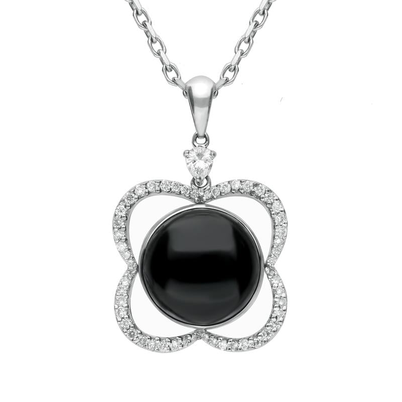 18ct White Gold Whitby Jet Diamond Open Flower Necklace D - White Gold