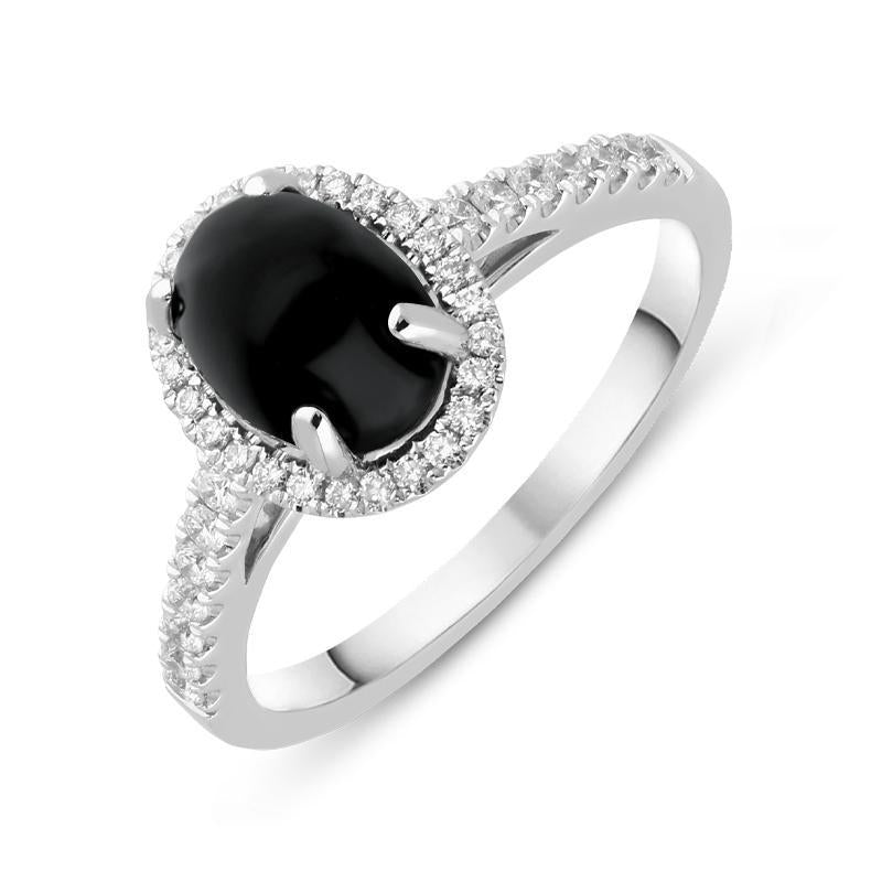 18ct White Gold Whitby Jet 0.27ct Diamond Oval Pave Shoulder Ring - Option1 Value White Gold