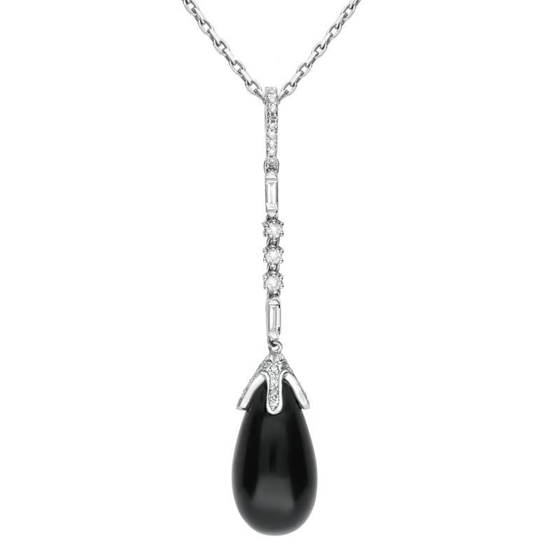 18ct White Gold Whitby Jet Diamond Pear Drop Necklace - White Gold