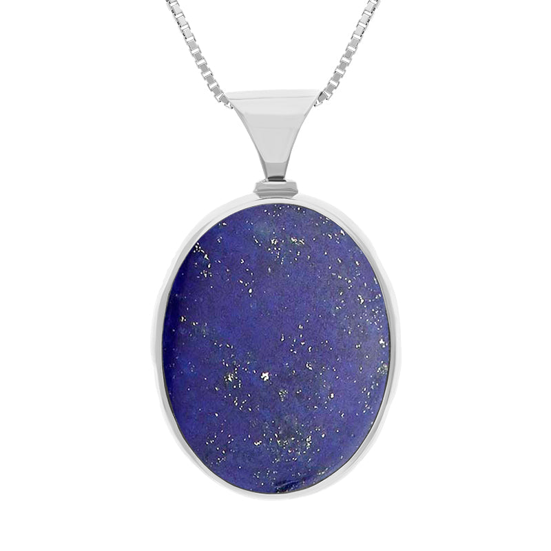 18ct White Gold Whitby Jet Lapis King's Coronation Hallmark Double Sided Oval Necklace