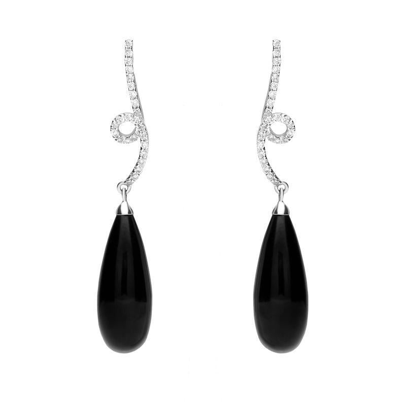 18ct White Gold Whitby Jet and Diamond Swirl Top Drop Earrings - White Gold