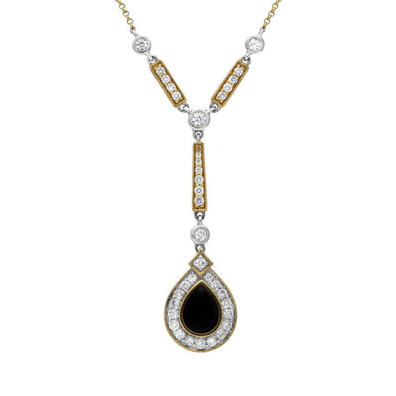 18ct White and Yellow Gold Whitby Jet 0.73ct Diamond Pear Drop Necklace - Yellow Gold