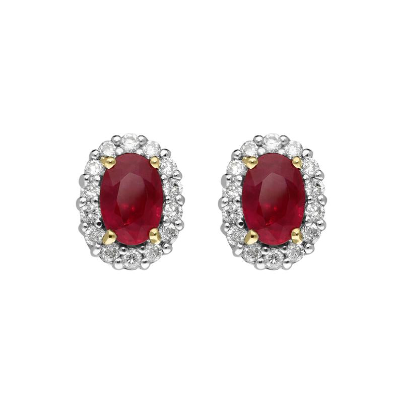 18ct Yellow Gold 0.95ct Ruby Diamond Oval Cluster Earrings
