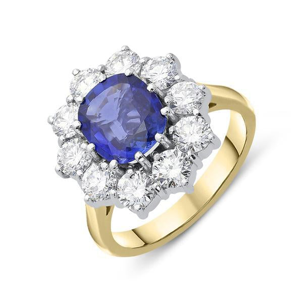 18ct Yellow Gold 1.96ct Sapphire Diamond Oval Cluster Ring - N