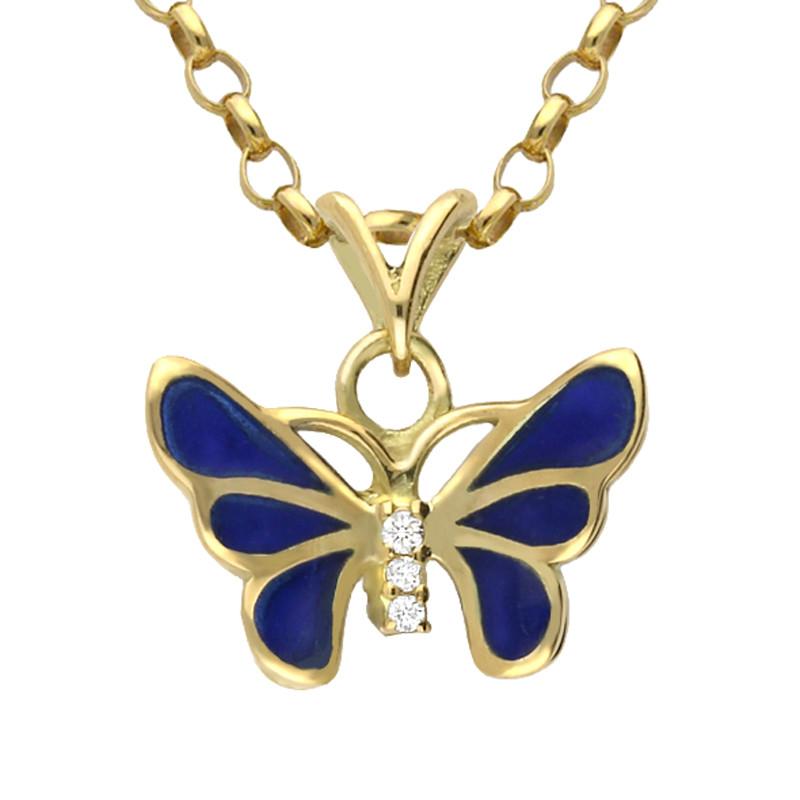 18ct Yellow Gold Diamond Blue Enamel House Style Butterfly Necklace - Gold