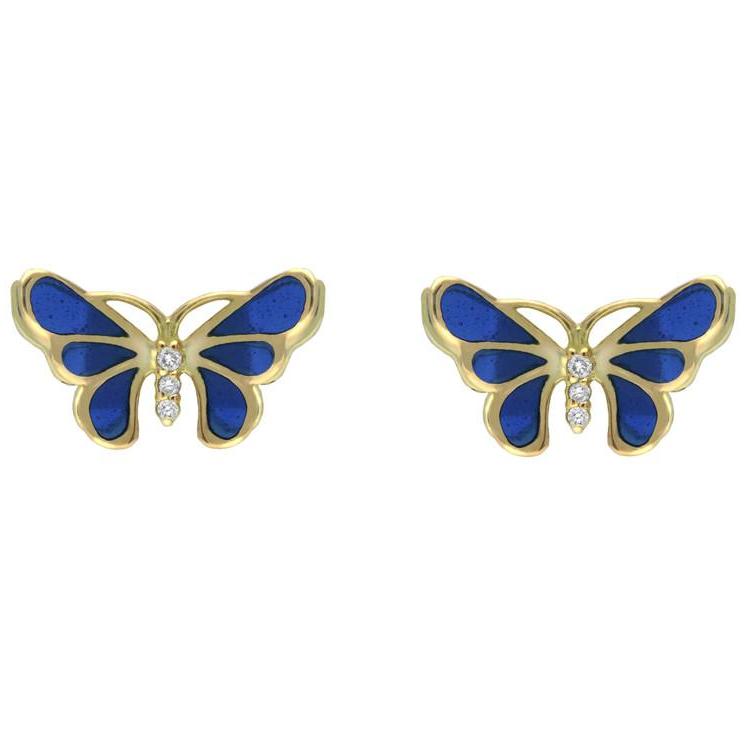 18ct Yellow Gold Diamond Blue Enamel House Style Butterfly Stud Earrings - Yellow Gold