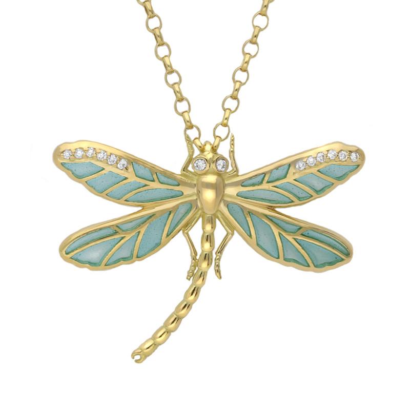 18ct Yellow Gold Diamond Blue Enamel House Style Dragonfly Necklace - Gold