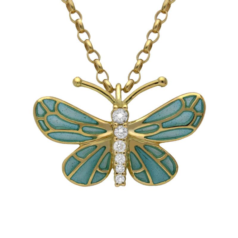 18ct Yellow Gold Diamond Enamel House Style Butterfly Necklace - Gold