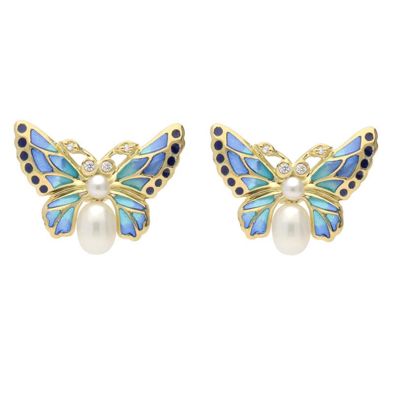 18ct Yellow Gold Diamond Pearl Enamel House Style Butterfly Stud Earrings - Yellow Gold
