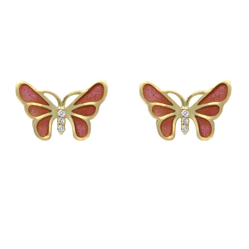 18ct Yellow Gold Diamond Red Enamel House Style Butterfly Stud Earrings - Yellow Gold