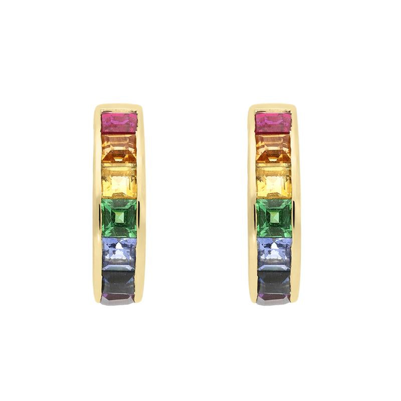 18ct Yellow Gold Rainbow Mixed Stone Princess Cut Curved Stud Earrings - Option1 Value Yellow Gold