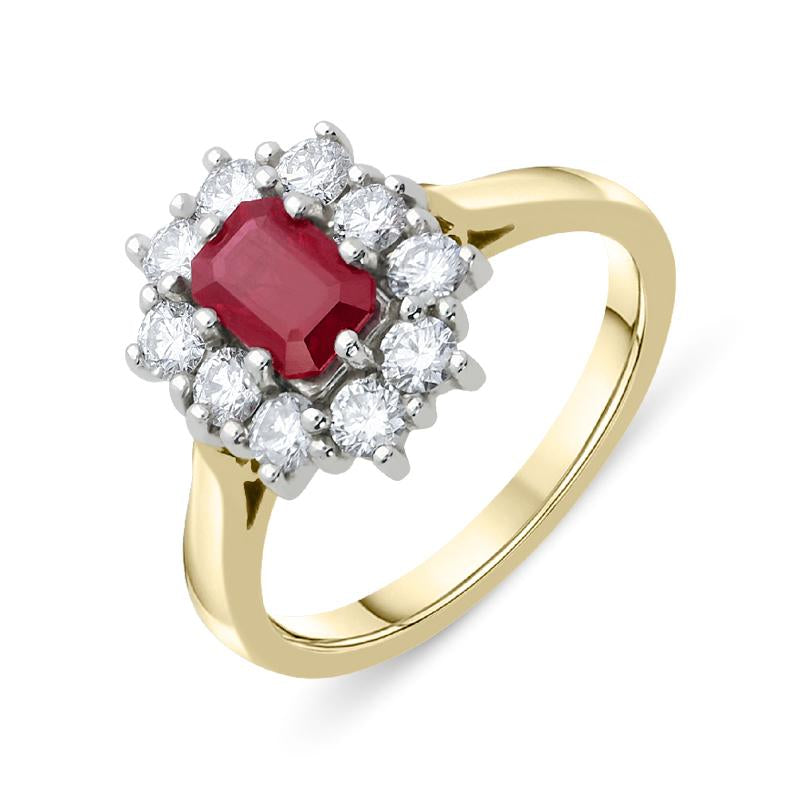 18ct Yellow Gold Ruby and Diamond Emerald Cut Cluster Ring - Yellow Gold