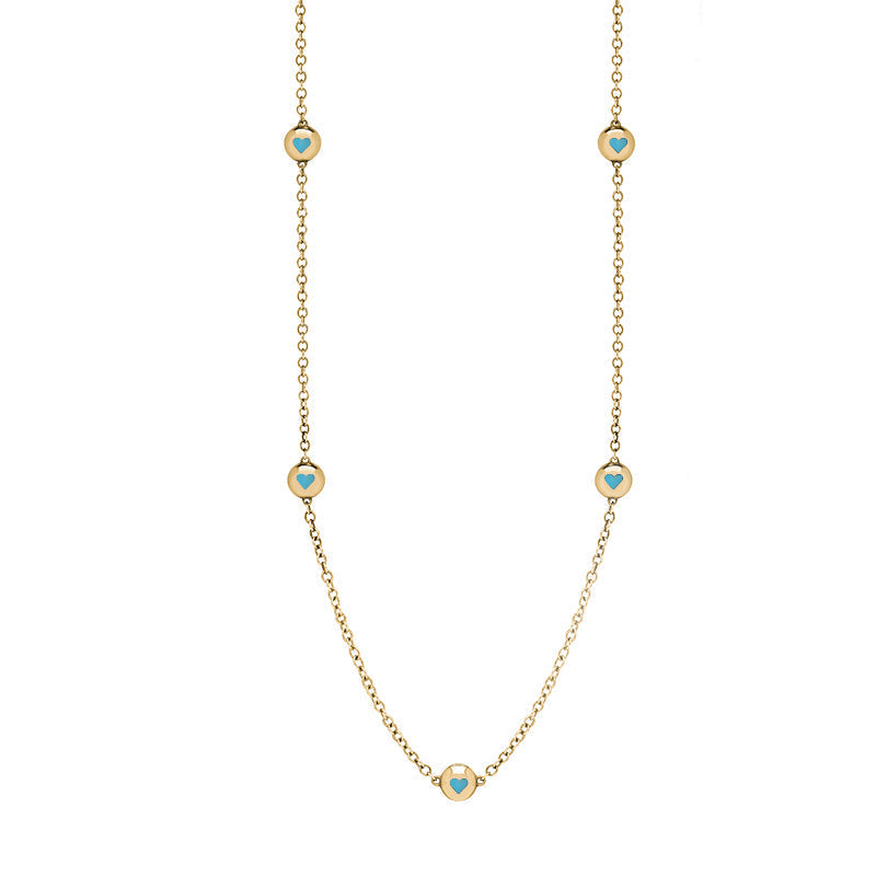 18ct Yellow Gold Turquoise Heart Link Disc Chain Necklace - Option1 Value Yellow Gold